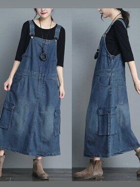 Denim Cargo Overalls Dress with Zipper Size M NWTO